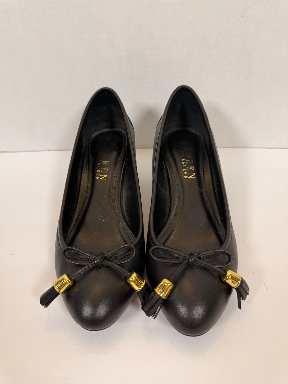 Ralph Lauren Black Leather Tassel Wedges with Gold Accents